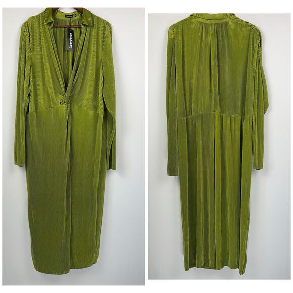 Boohoo Green 14 Pleated Twist Front Stretch Midi Dress Dolman Sleeve Look Party - Picture 3 of 10
